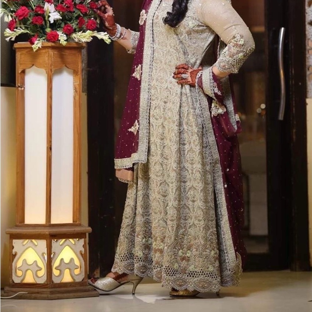 Elegant Cream and Maroon Embroidered Bridal Dress